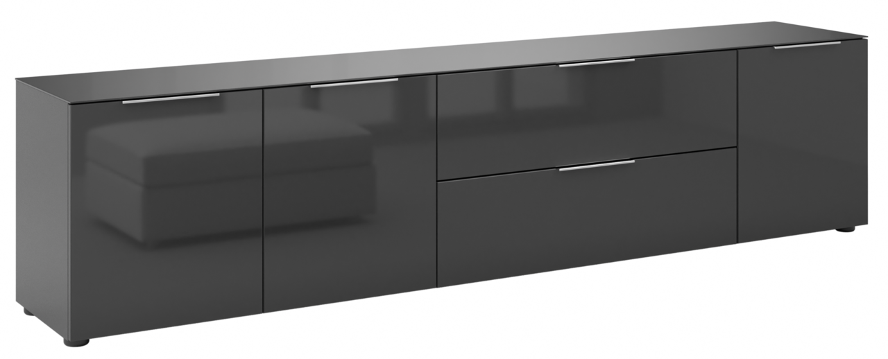 Schwarzes XL-TV-Lowboard mit glänzender Oberfläche und mehreren Türen, seitliche Perspektive