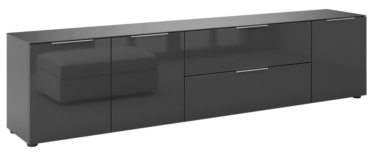 Schwarzes XL-TV-Lowboard mit glänzender Oberfläche und mehreren Türen, seitliche Perspektive