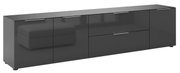 Schwarzes XL-TV-Lowboard mit glänzender Oberfläche und mehreren Türen, seitliche Perspektive