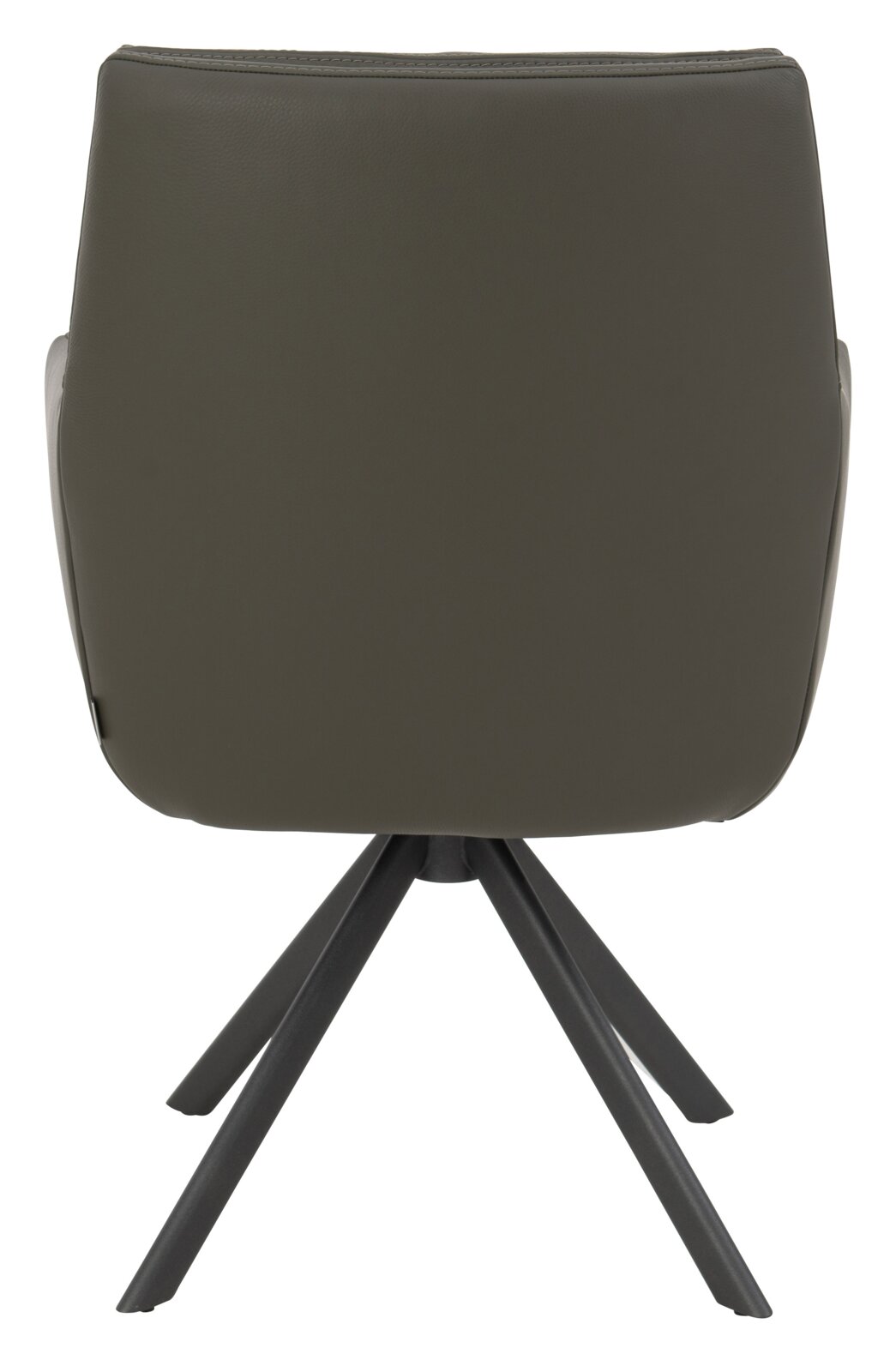 Rückansicht eines modernen Armlehnstuhls mit dunkelgrauem Bezug und schwarzem Metallgestell.