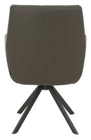 Rückansicht eines modernen Armlehnstuhls mit dunkelgrauem Bezug und schwarzem Metallgestell.
