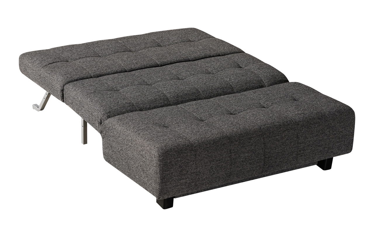 Graues Faltbett in ausgeklappter Position, seitliche Perspektive