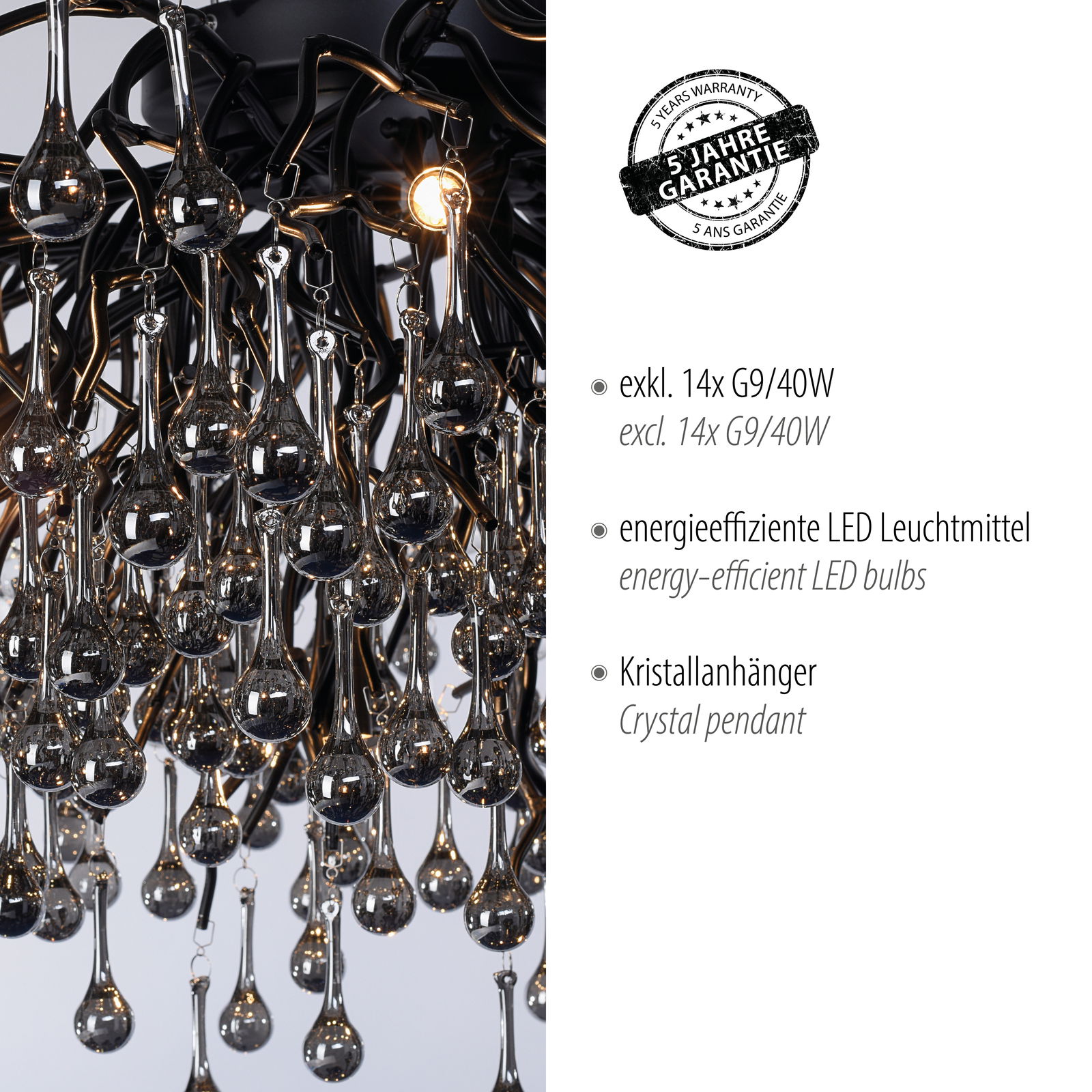 Nahaufnahme der Deckenleuchte ICICLE mit Kristallanhängern und energieeffizienten LED-Leuchtmitteln, seitliche Perspektive.