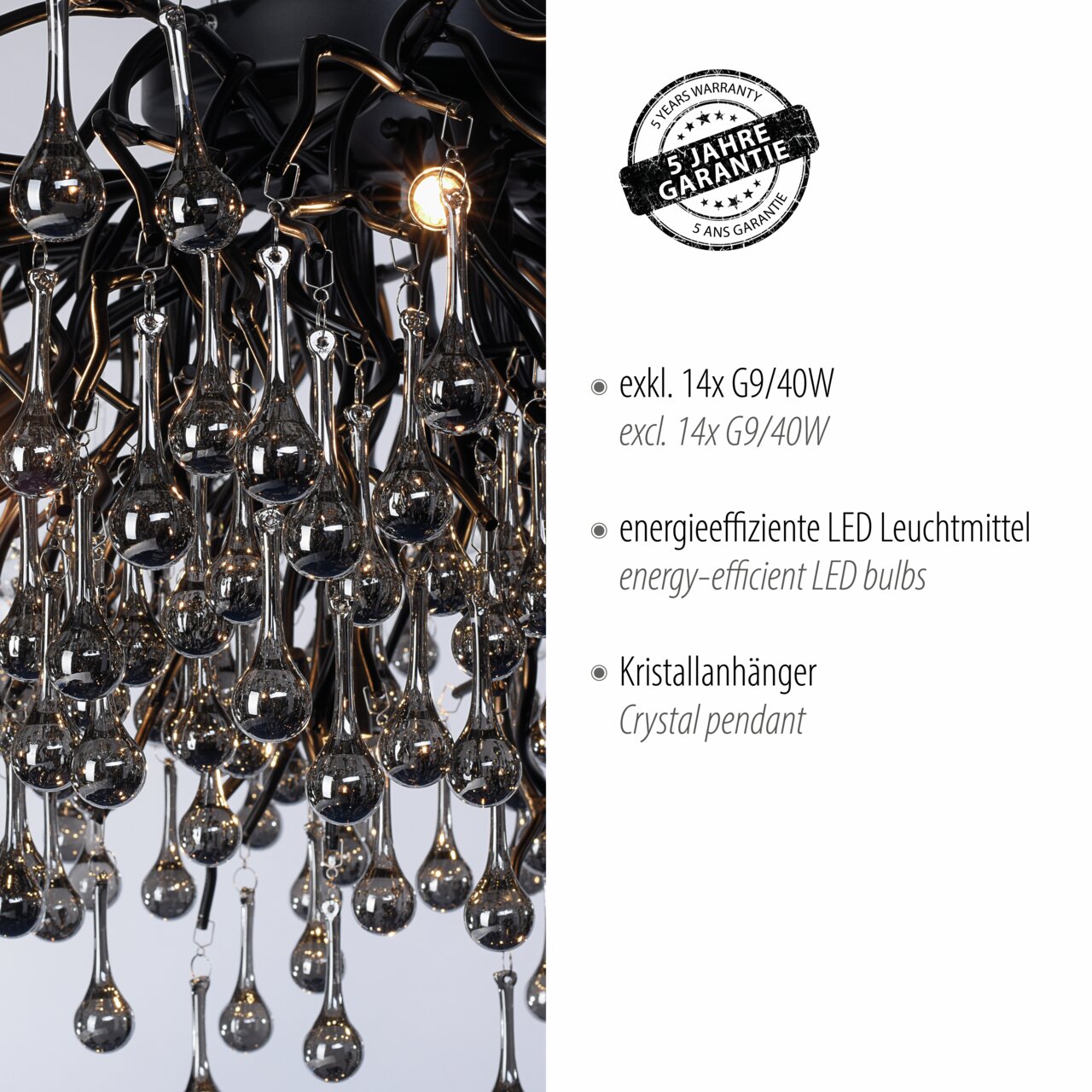 Nahaufnahme der Deckenleuchte ICICLE mit Kristallanhängern und energieeffizienten LED-Leuchtmitteln, seitliche Perspektive.