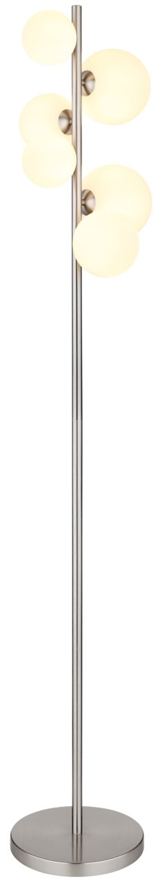 Moderne Stehleuchte mit mehreren kugelförmigen Lampenschirmen, seitliche Perspektive