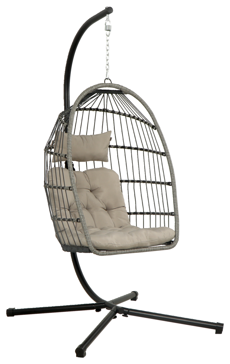 Moderner Hängesessel mit grauem Metallgestell und beigem Kissen, seitliche Perspektive