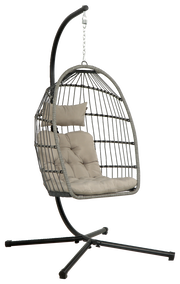 Moderner Hängesessel mit grauem Metallgestell und beigem Kissen, seitliche Perspektive