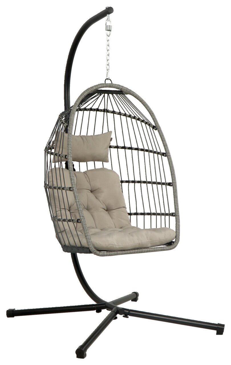 Ambia Garden Hängesessel THEO Moderner Hängesessel mit grauem Metallgestell und beigem Kissen, seitliche Perspektive