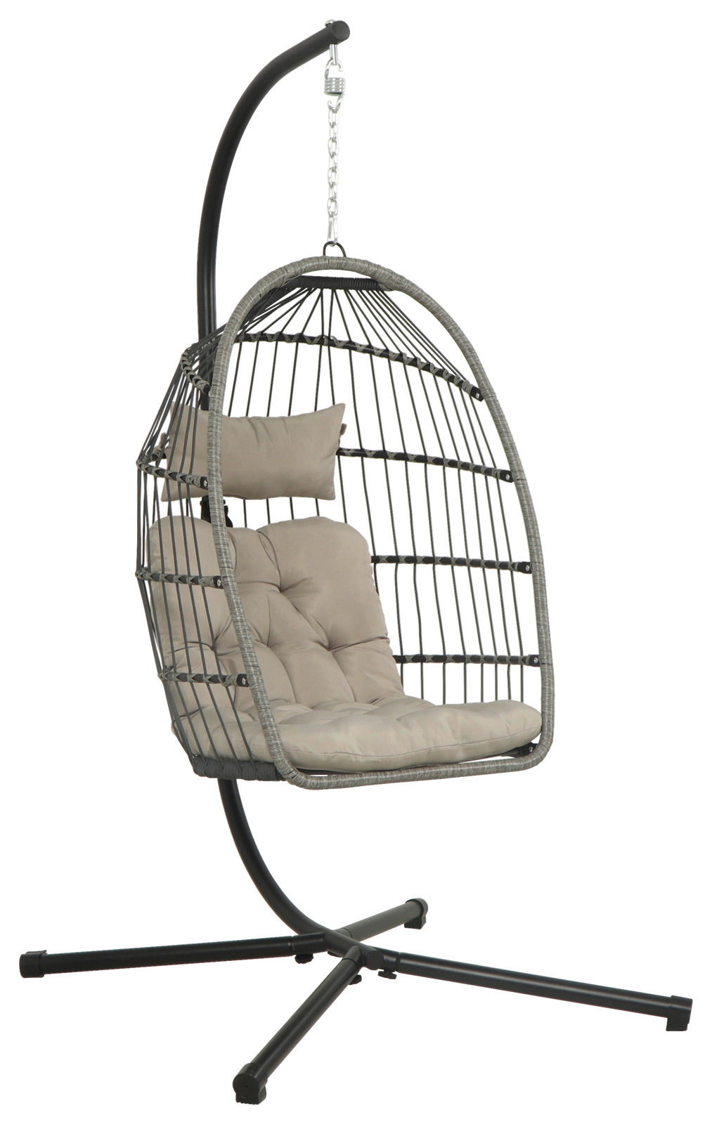 Moderner Hängesessel mit grauem Metallgestell und beigem Kissen, seitliche Perspektive