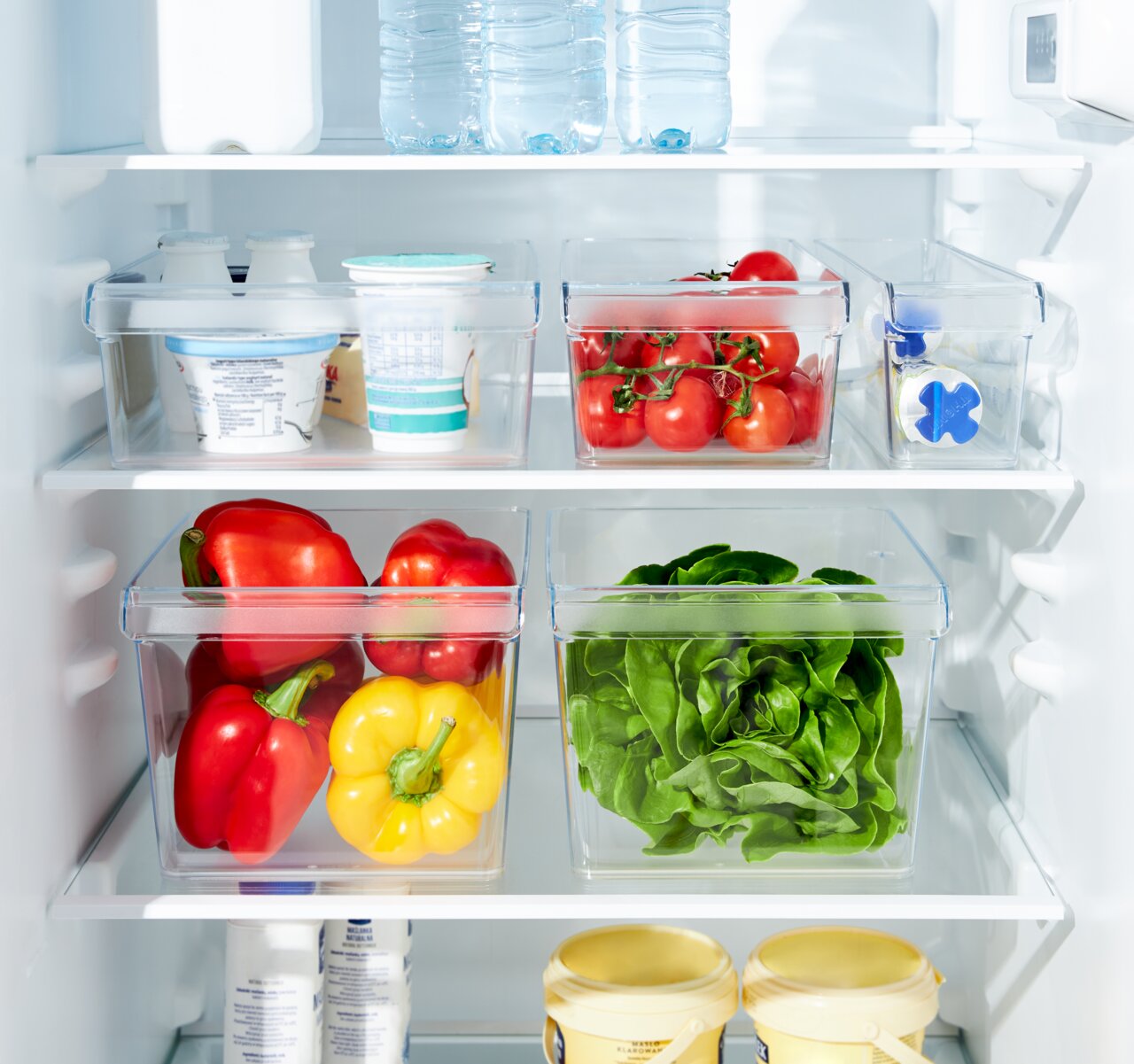Kühlschrankorganizer mit frischem Gemüse und Joghurt, von vorne betrachtet.