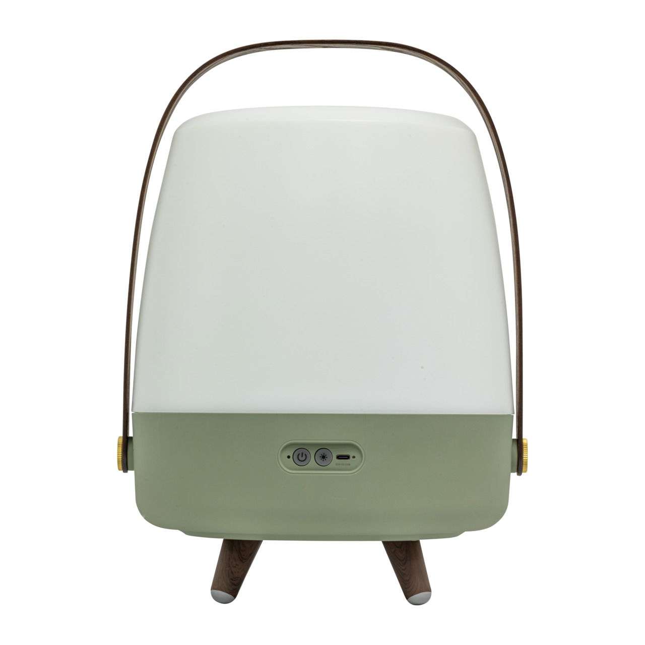 Rückansicht einer tragbaren Lampe mit grünem Sockel, weißem Lampenschirm und braunem Tragegriff, auf drei Holzbeinen stehend.