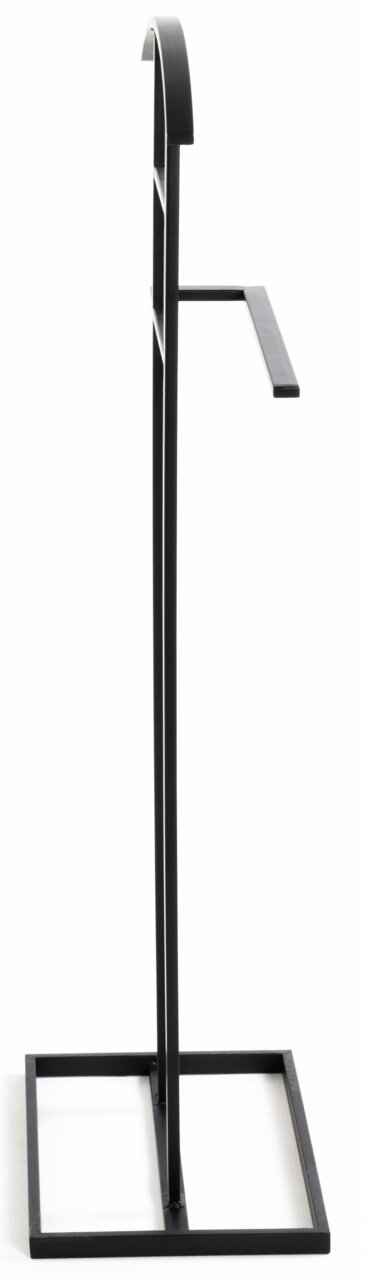 Seitliche Ansicht eines modernen, schwarzen Herrendieners mit minimalistischem Design.