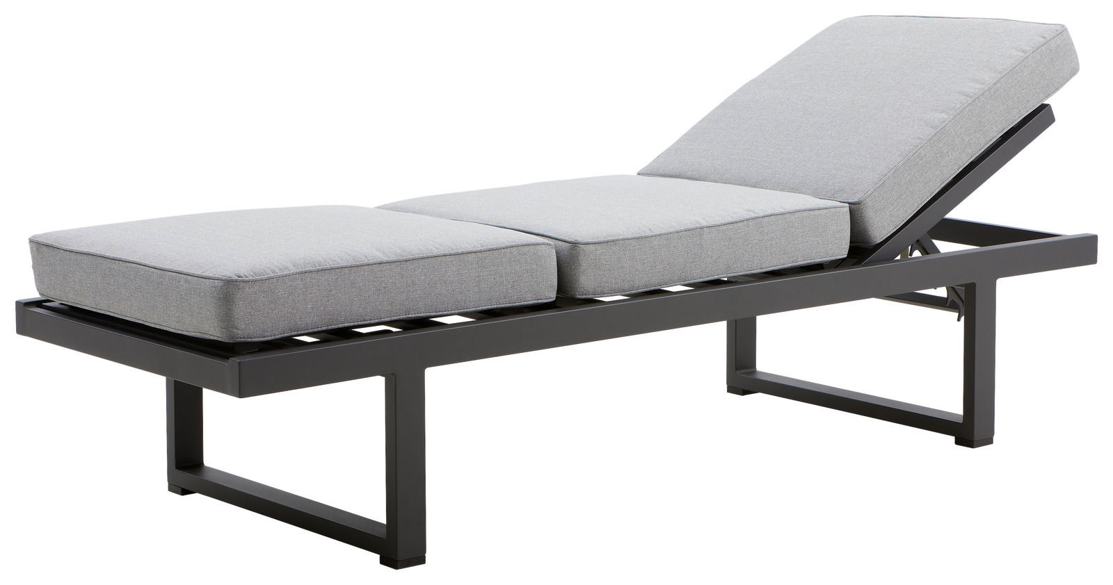 Multifunktionsbank mit grauen Polstern und verstellbarer Rückenlehne, seitliche Perspektive
