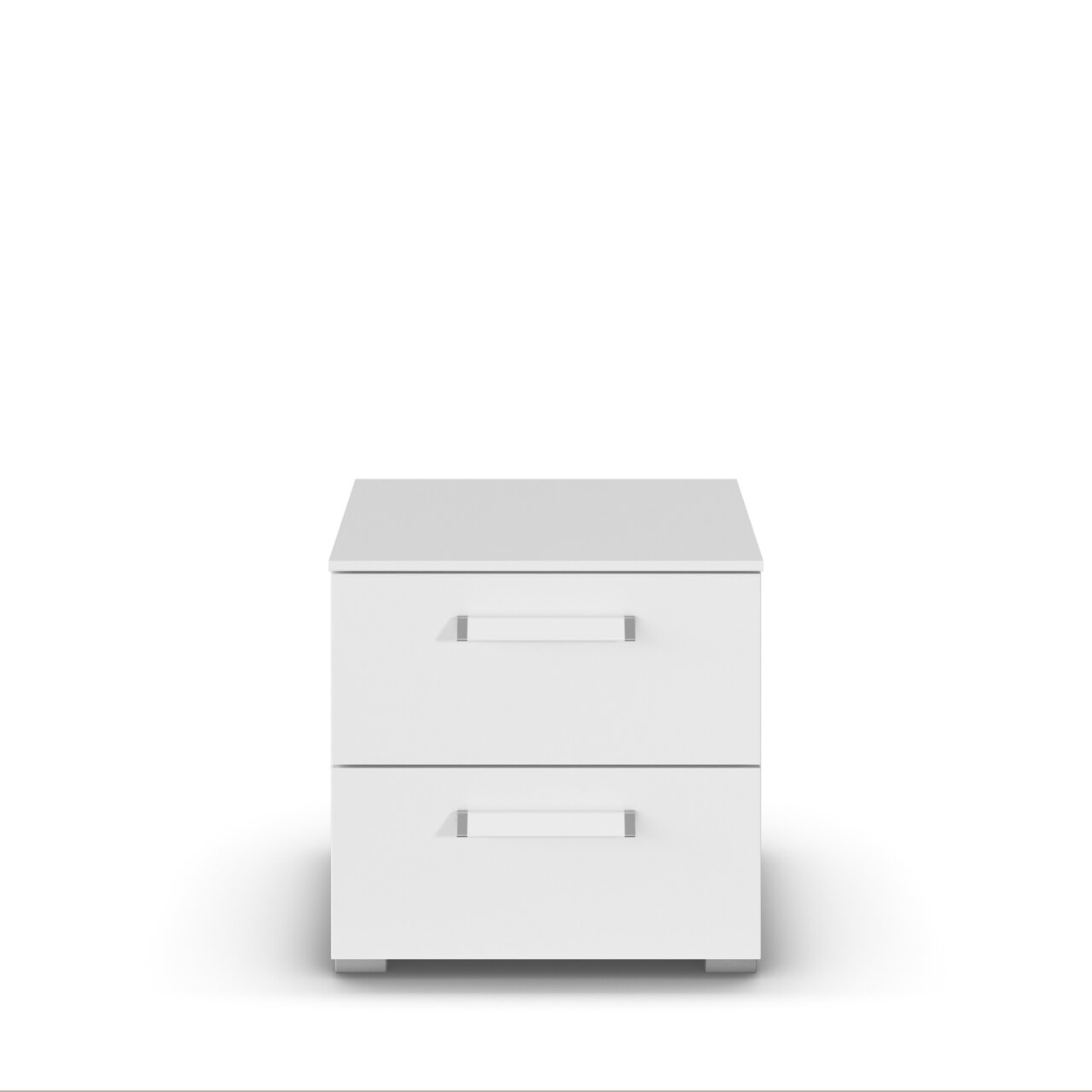 Weißer Nachttisch mit zwei Schubladen, frontale Ansicht