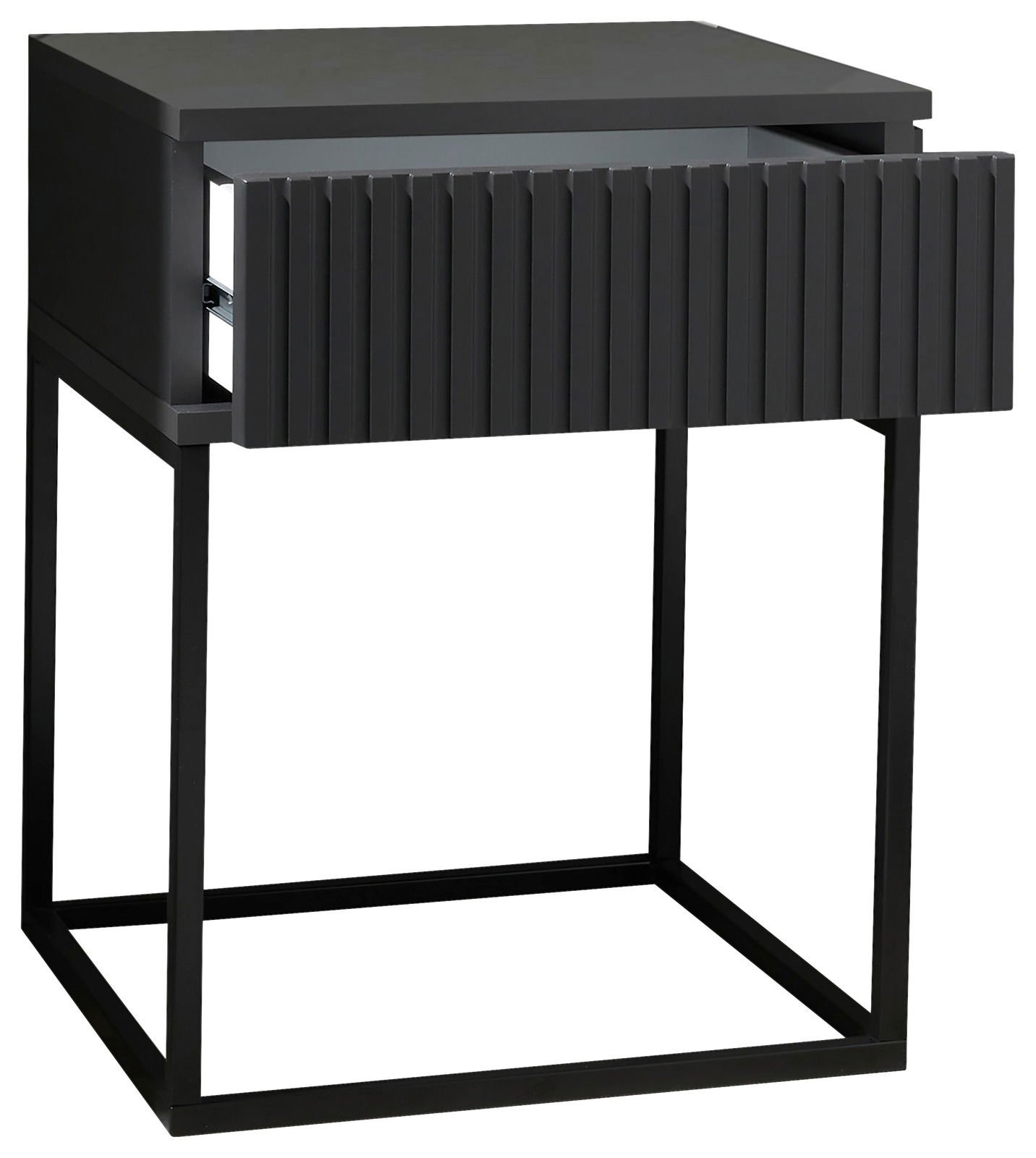 Moderne schwarze Nachtkommode mit offenem Schubfach, seitliche Perspektive