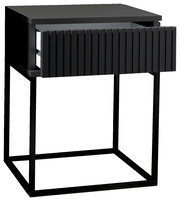 Moderne schwarze Nachtkommode mit offenem Schubfach, seitliche Perspektive