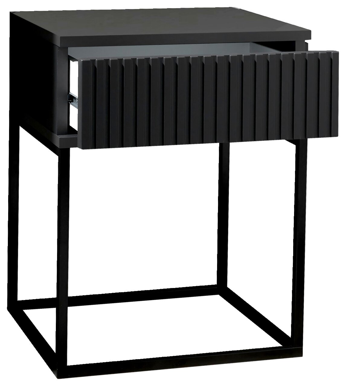 Moderne schwarze Nachtkommode mit offenem Schubfach, seitliche Perspektive
