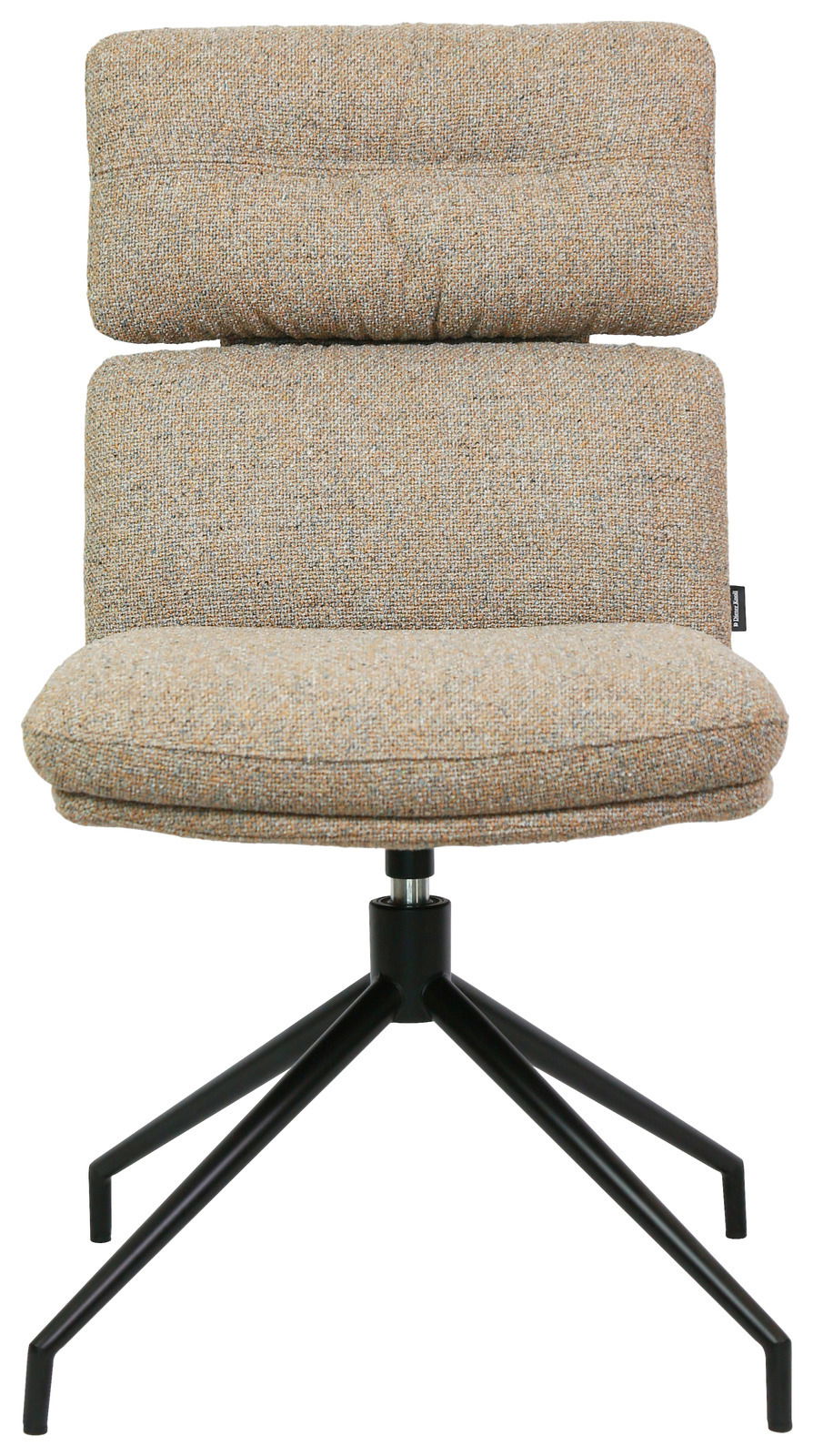 Moderner Stuhl mit gepolsterter Rückenlehne und Sitzfläche, auf schwarzem Metallgestell, Frontalansicht.