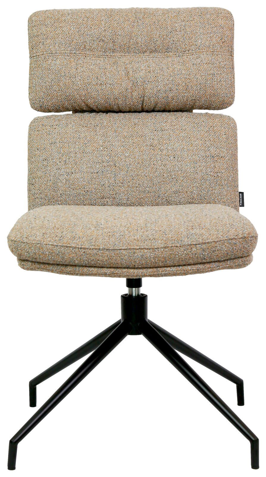 Moderner Stuhl mit gepolsterter Rückenlehne und Sitzfläche, auf schwarzem Metallgestell, Frontalansicht.