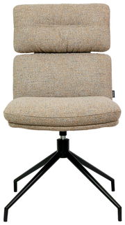 Moderner Stuhl mit gepolsterter Rückenlehne und Sitzfläche, auf schwarzem Metallgestell, Frontalansicht.