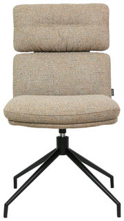 Moderner Stuhl mit gepolsterter Rückenlehne und Sitzfläche, auf schwarzem Metallgestell, Frontalansicht.