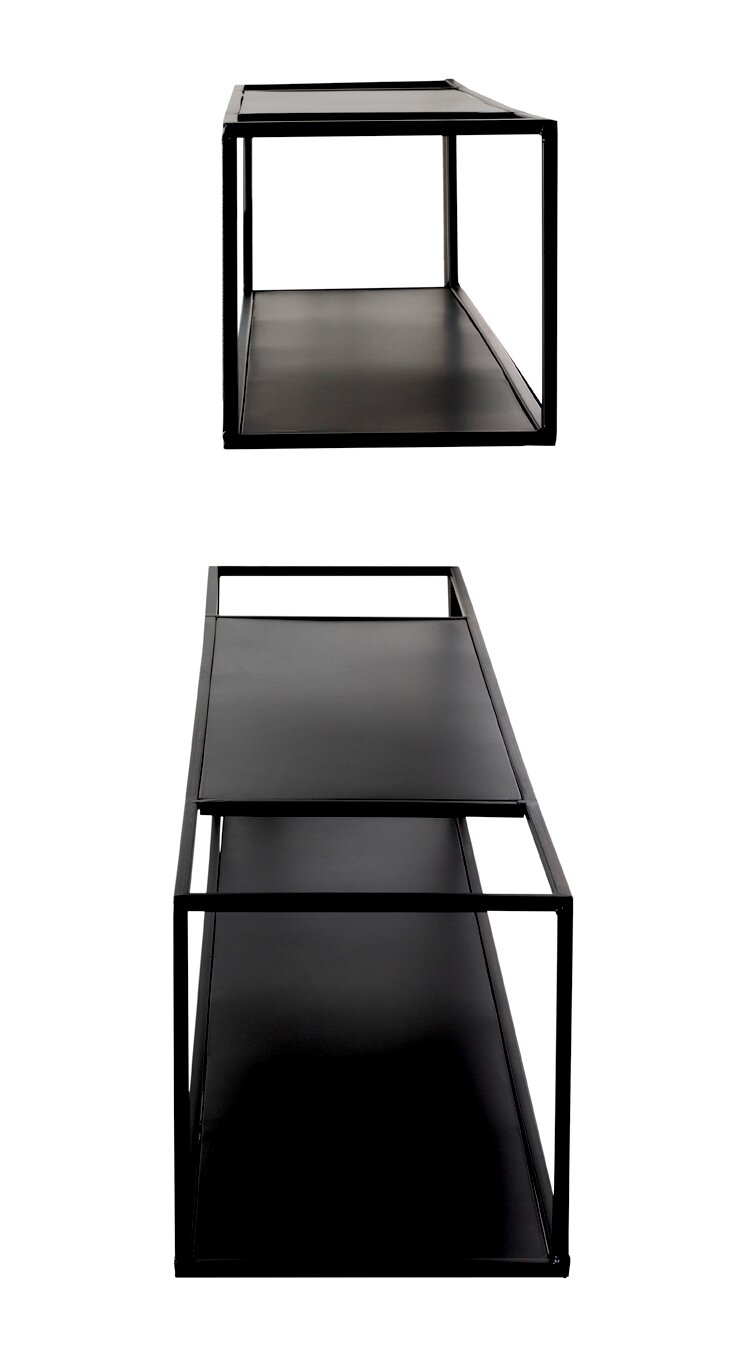 Schwarzes, minimalistisches Metall-Regal mit zwei Ebenen und offenem Rahmen, gezeigt in Frontansicht sowie in perspektivischer Schrägansicht von oben auf weißem Hintergrund
