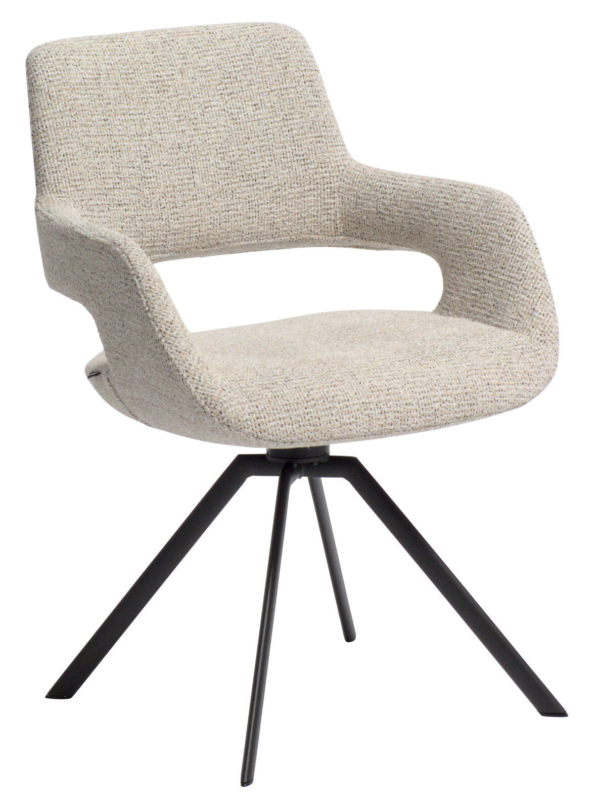 Moderner Armlehnstuhl mit hellgrauem Stoffbezug und schwarzem Metallgestell, seitliche Perspektive