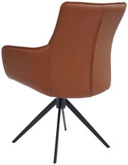 Rückansicht eines braunen Armlehnstuhls mit schwarzem Metallgestell