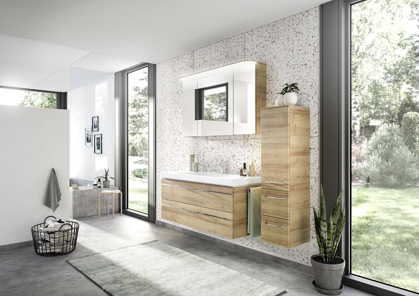 Moderner Badblock in Holzoptik mit Waschbecken und Spiegel, seitliche Perspektive