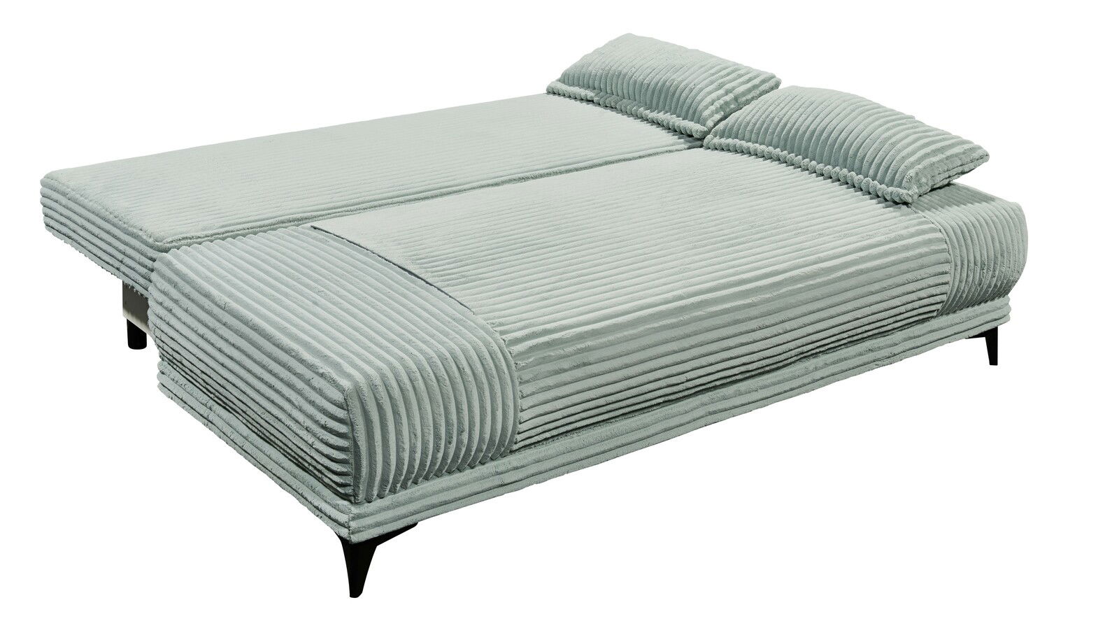 Funktionssofa SALLY in hellgrauem Stoff, von schräg oben betrachtet, in ausgeklappter Position als Bett.