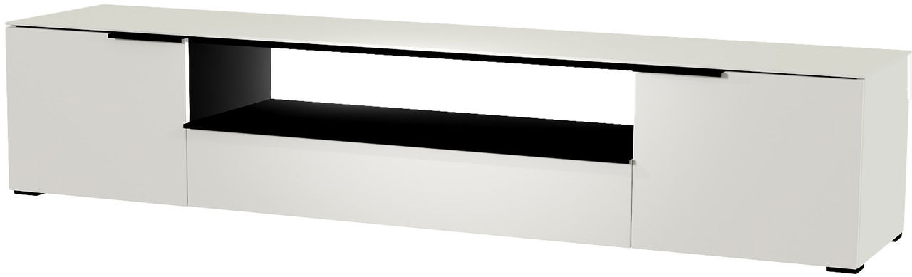 Weißes XL TV-Lowboard mit offenem Fach und zwei Türen, seitliche Perspektive