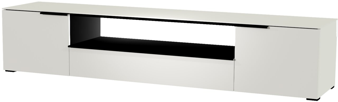 Weißes XL TV-Lowboard mit offenem Fach und zwei Türen, seitliche Perspektive