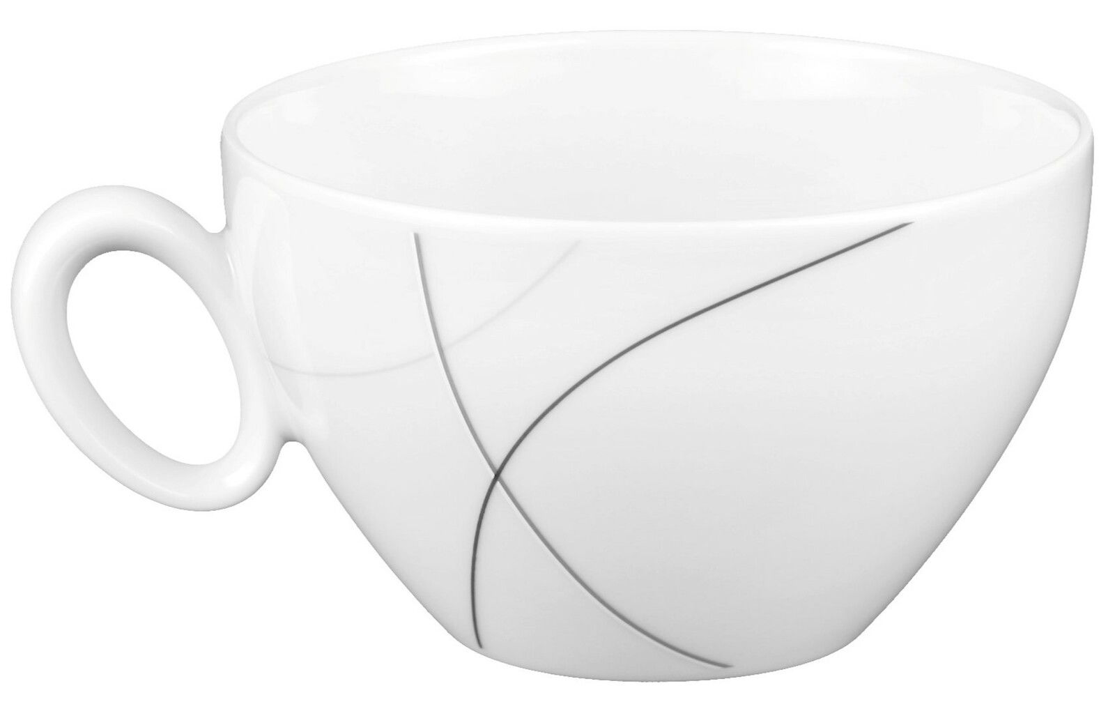Weiße Milchkaffeetasse mit elegantem, geschwungenem Linienmuster, seitliche Perspektive