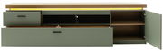 TV-Lowboard MONIZ in grüner Farbe mit offenen Schubladen und Türen, seitliche Perspektive