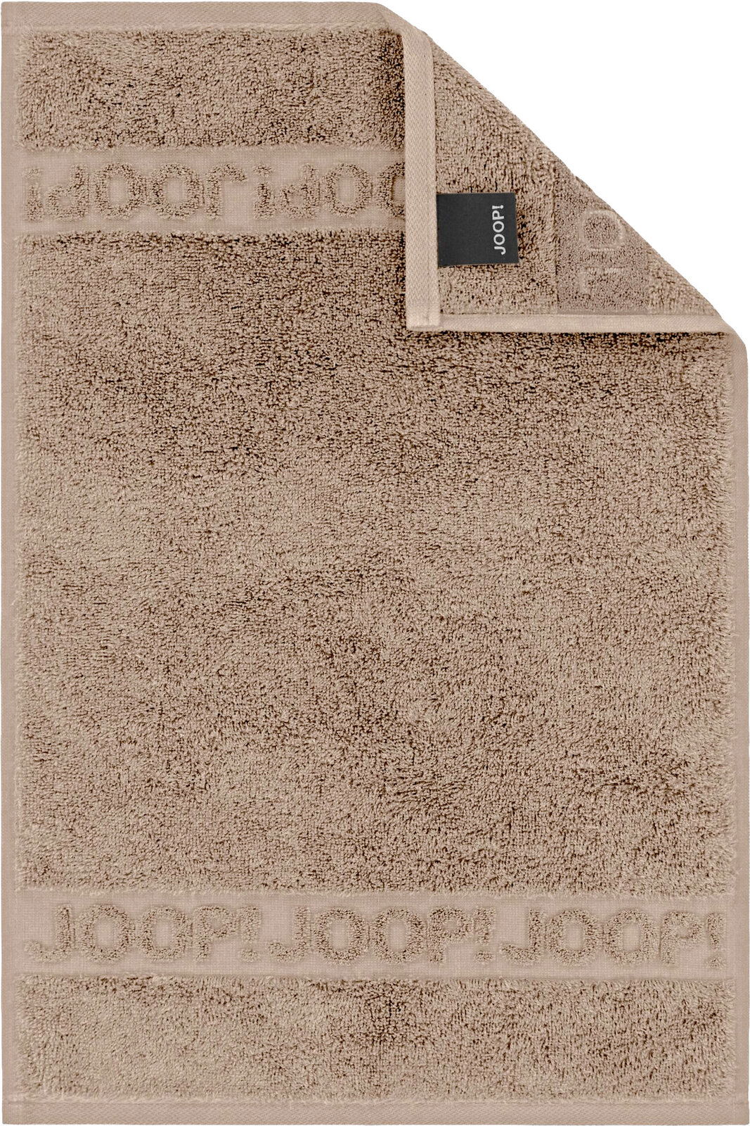 Beiges Frottee-Handtuch mit eingewebtem JOOP!-Schriftzug und schwarzem Markenlabel, frontal von oben fotografiert, eine Ecke umgeschlagen.