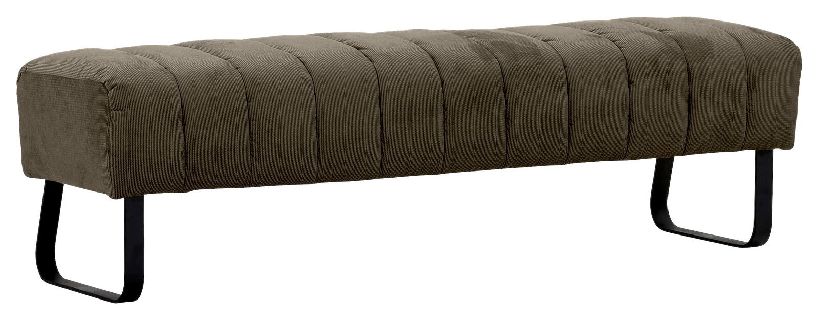 Novel 2er-Sitzbank LAILA Zweier-Sitzbank mit gepolstertem, gestepptem Stoffbezug in Olivgrün und schwarzen Metallbeinen, seitliche Perspektive