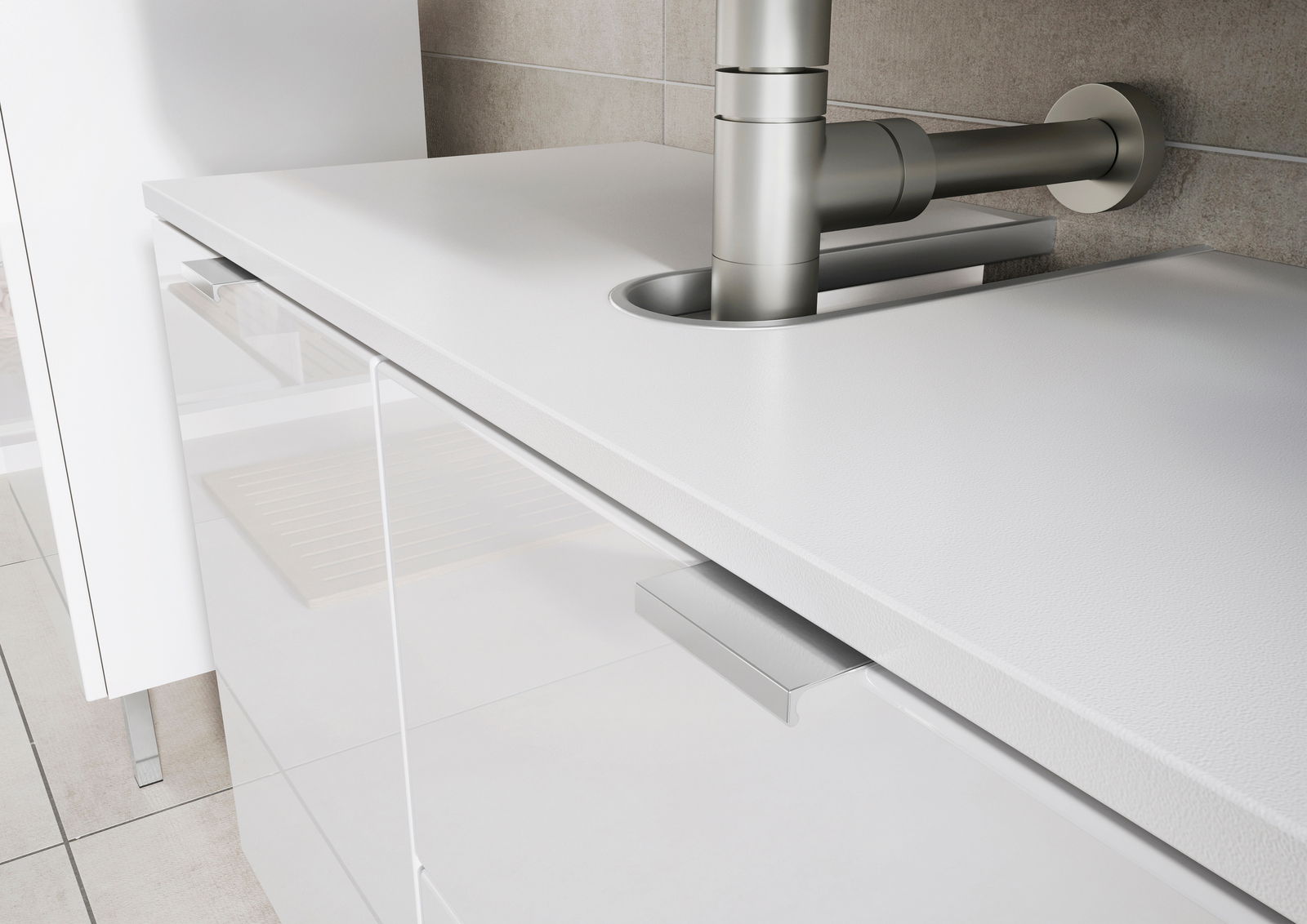 Nahaufnahme eines modernen weißen Unterschranks mit glänzender Oberfläche und integriertem Waschbecken, seitliche Perspektive.