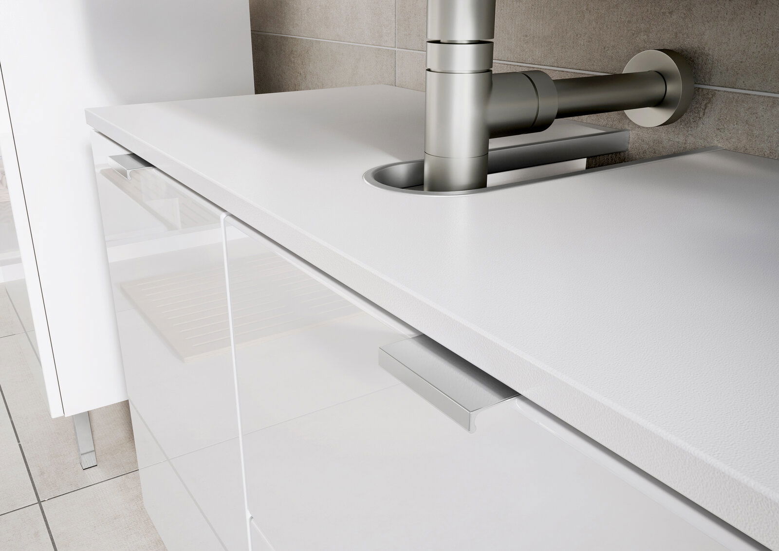 Nahaufnahme eines modernen weißen Unterschranks mit glänzender Oberfläche und integriertem Waschbecken, seitliche Perspektive.