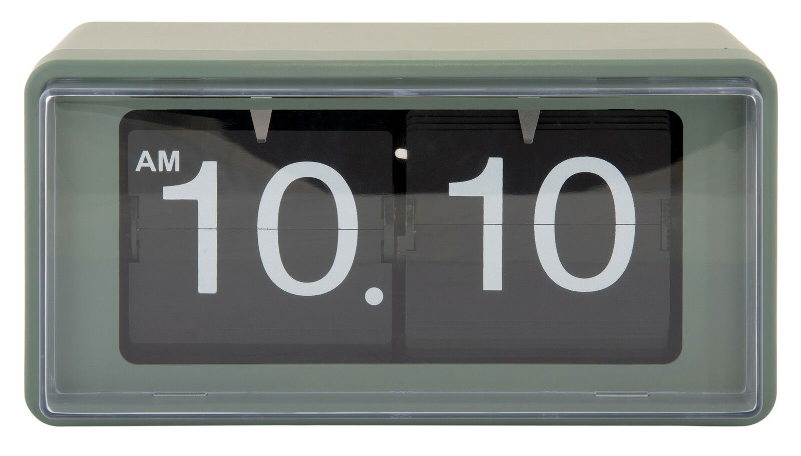 Grüne Flip-Uhr mit weißer Anzeige der Uhrzeit 10:10 AM, frontal betrachtet.