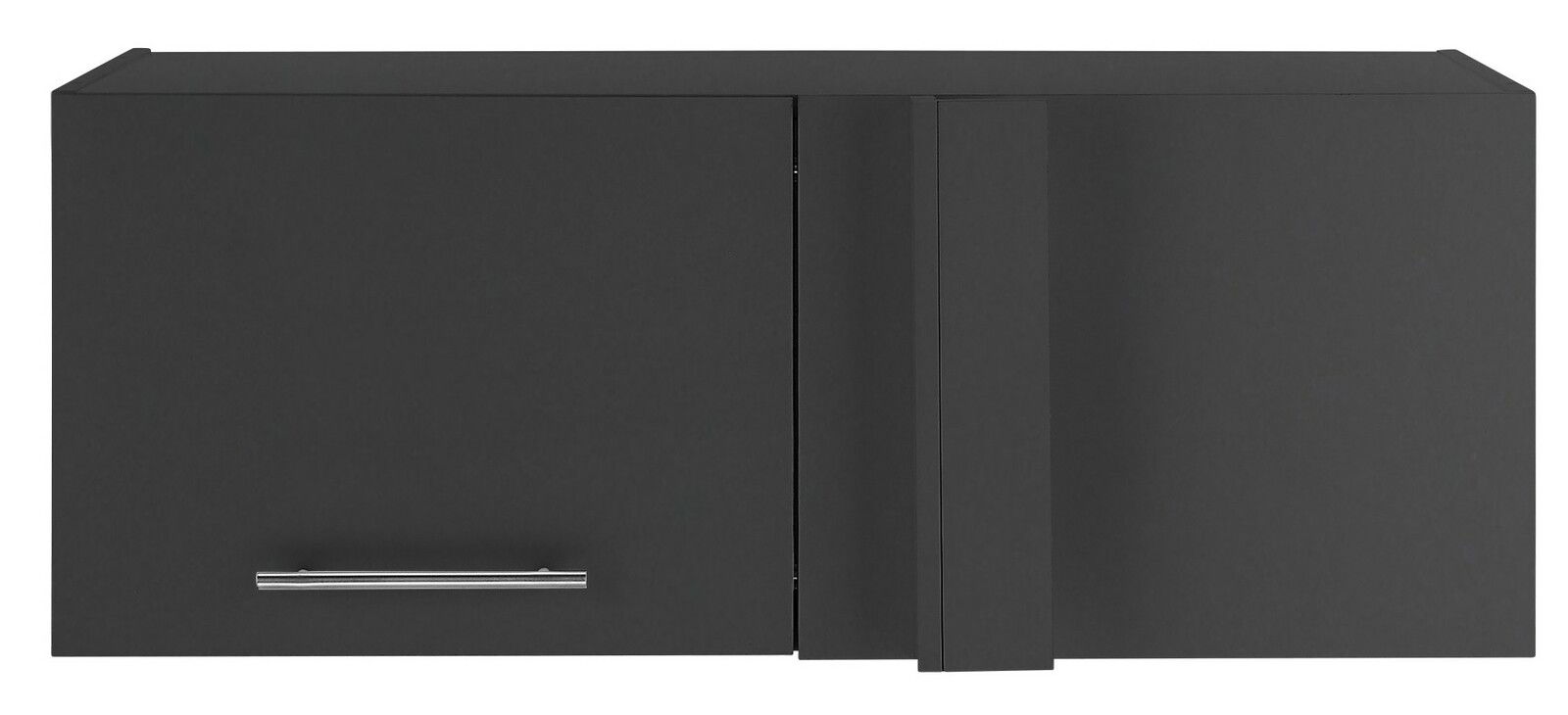 Schwarzer Aufsatz Eckschrank mit zwei Türen und silbernem Griff, frontale Ansicht.