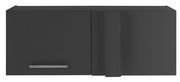 Schwarzer Aufsatz Eckschrank mit zwei Türen und silbernem Griff, frontale Ansicht.