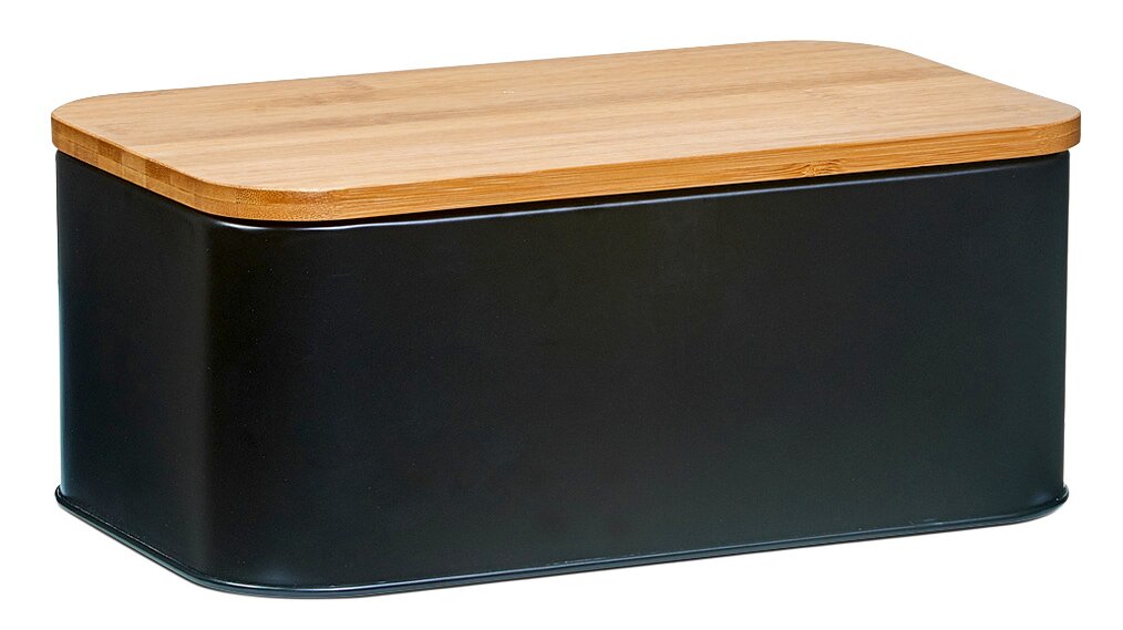 Moderner Brotkasten mit schwarzem Metallkörper und Holzdeckel, seitliche Perspektive