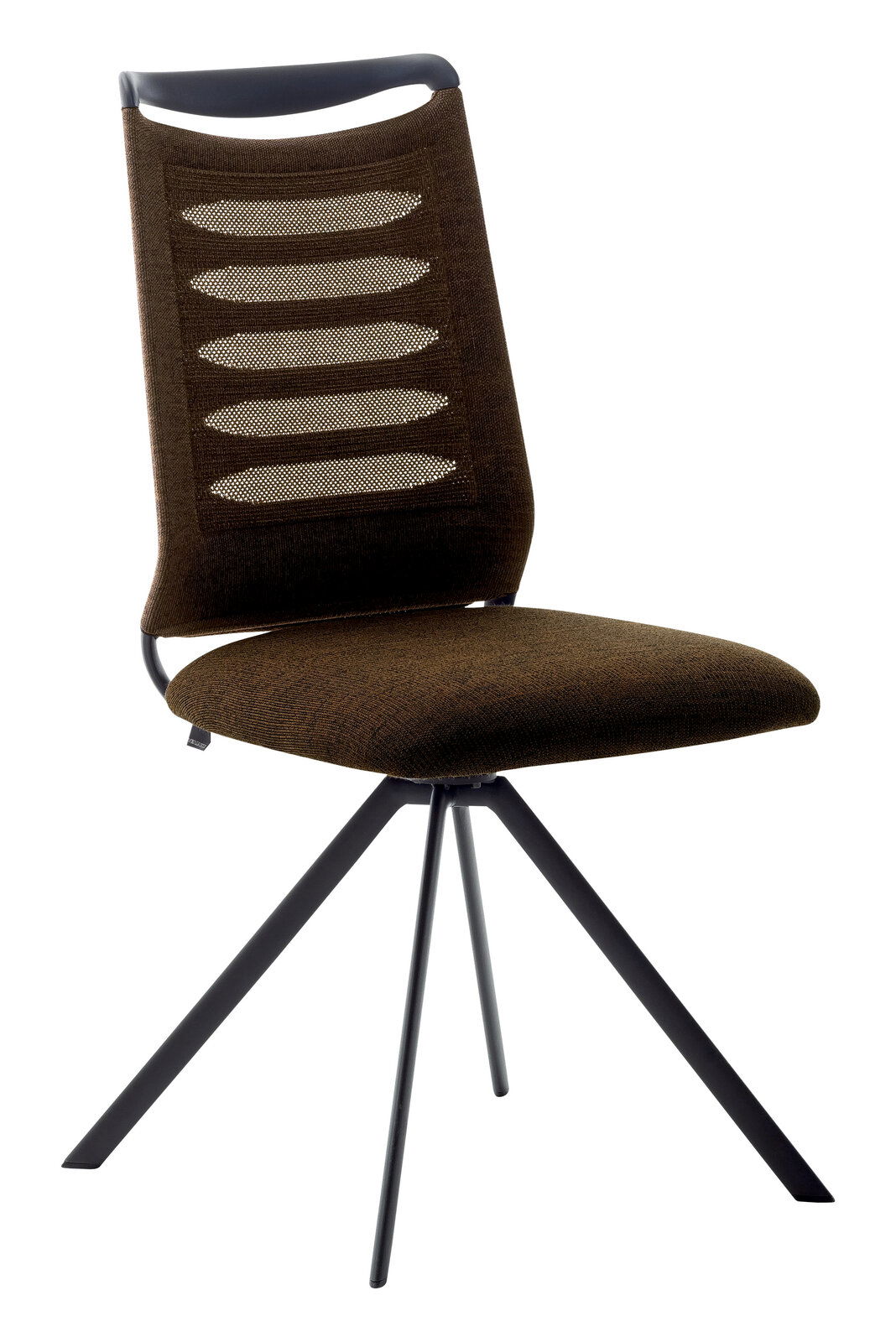 Venjakob Stuhl LILLI 3000 Moderner Stuhl mit braunem Stoffbezug und schwarzem Metallgestell, seitliche Perspektive