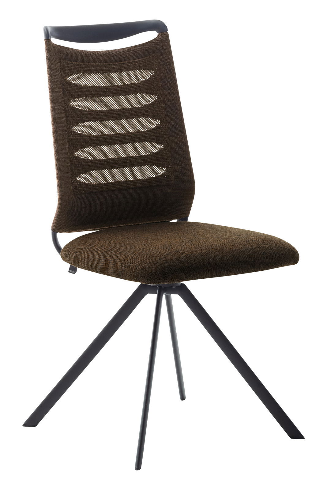 Moderner Stuhl mit braunem Stoffbezug und schwarzem Metallgestell, seitliche Perspektive