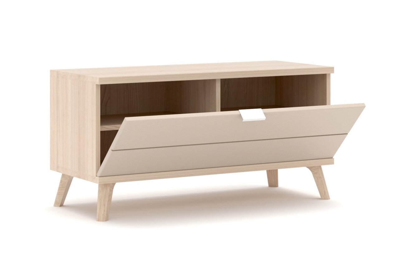 Holzschuhschrank mit offenem Fach und klappbarer Tür, seitliche Perspektive