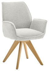 Moderner Armlehnstuhl mit hellgrauem Stoffbezug und Holzbeinen, seitliche Perspektive