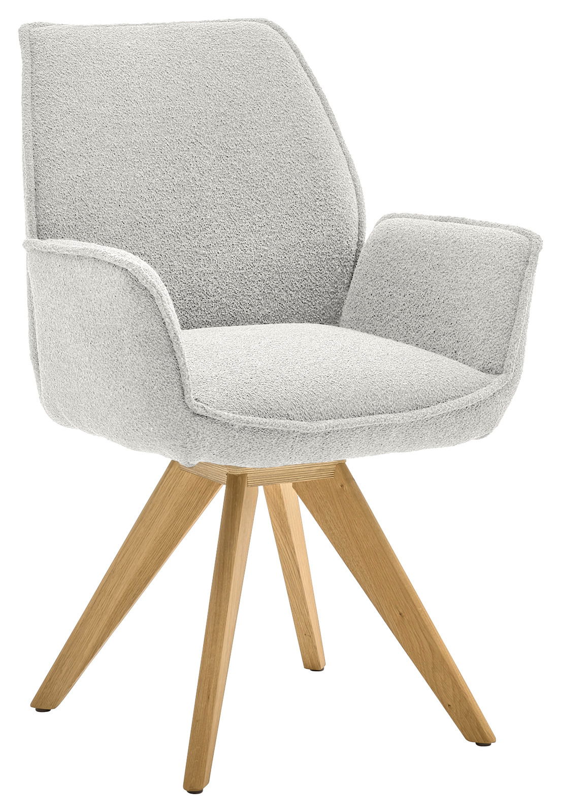 Moderner Armlehnstuhl mit hellgrauem Stoffbezug und Holzbeinen, seitliche Perspektive