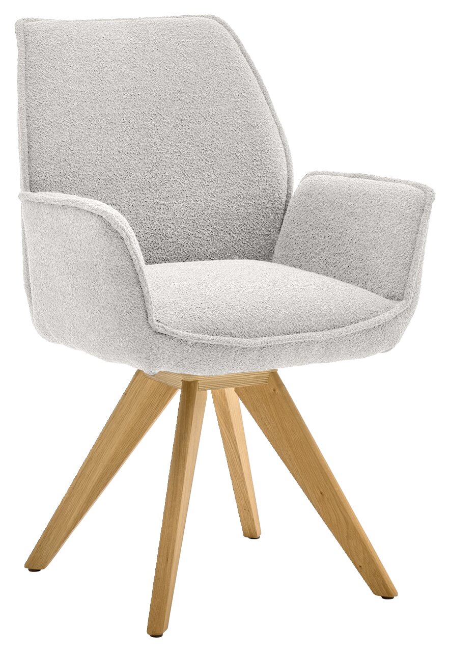 Musterring Armlehnstuhl MR TIAMA Moderner Armlehnstuhl mit hellgrauem Stoffbezug und Holzbeinen, seitliche Perspektive