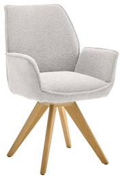 Moderner Armlehnstuhl mit hellgrauem Stoffbezug und Holzbeinen, seitliche Perspektive