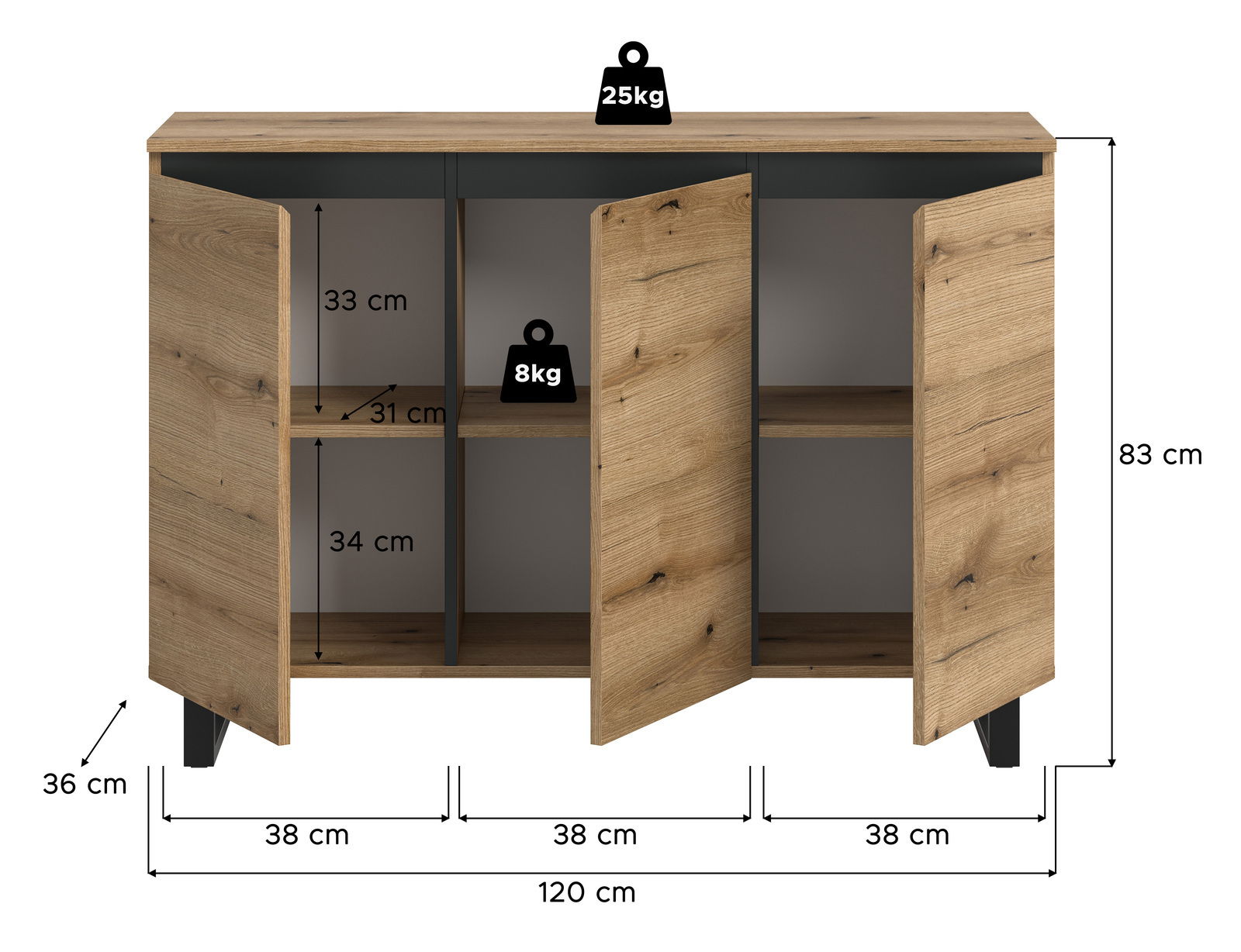Frontale Ansicht eines Sideboards mit drei offenen Türen, Holzoptik, Maße: 120 cm Breite, 83 cm Höhe, 36 cm Tiefe.